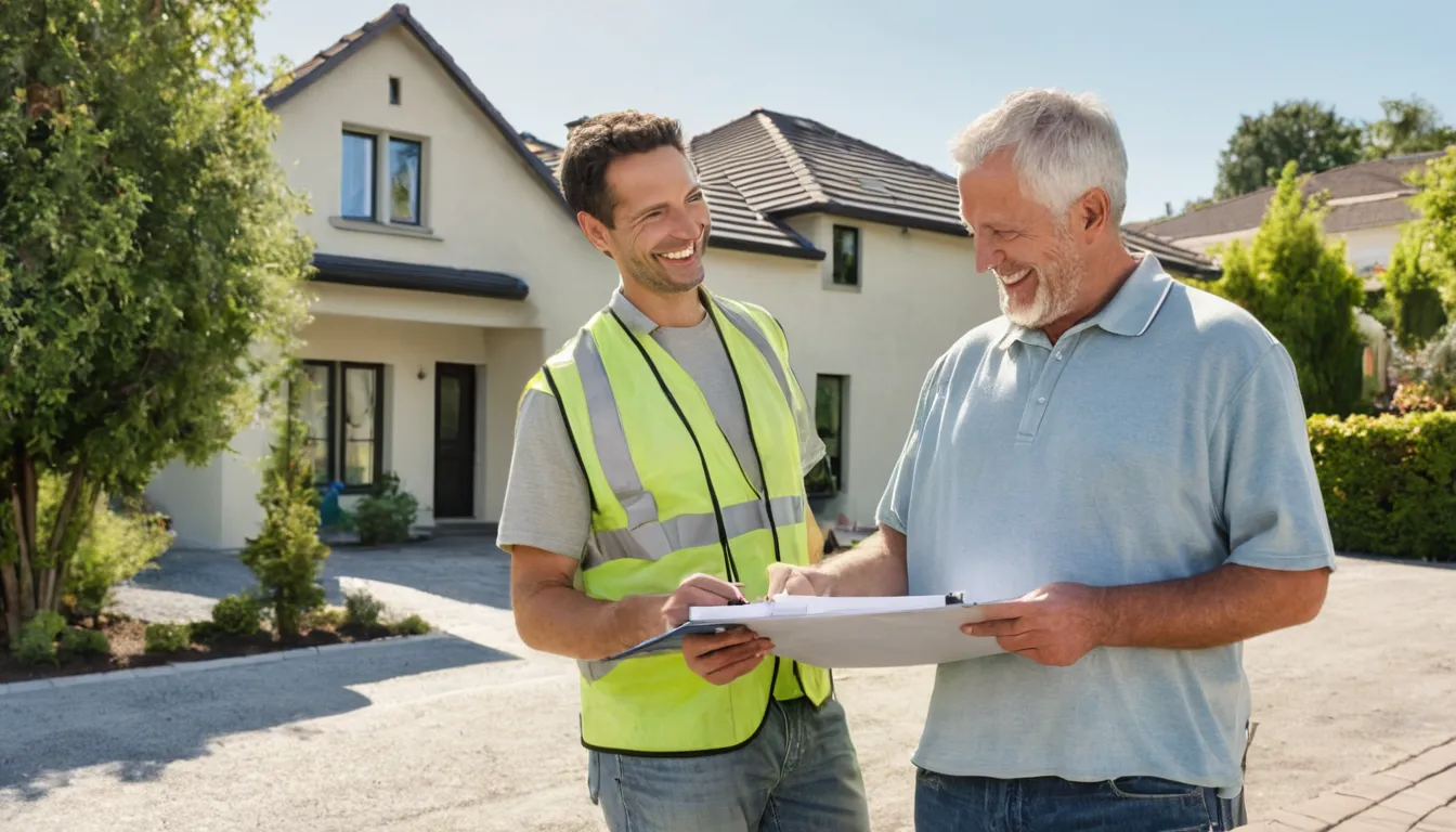 A homeowner reviewing a written concrete estimate with a local provider in the Riverside area
